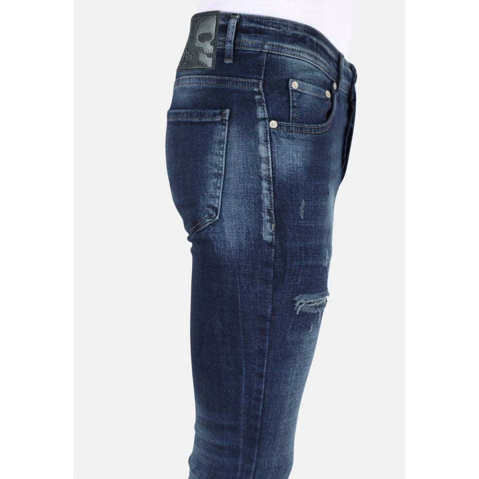 Donkerblauwe Stonewash Jeans Met Gaten Strech -MM120