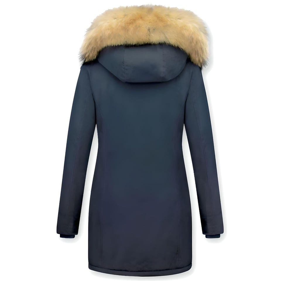 Blauwe Winterjas Dames Met Bontkraag - Vrouwen Parka Jas