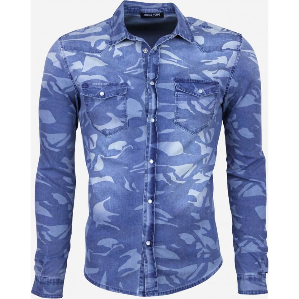 Denim Overhemd - Slim Fit Army Print - Blauw