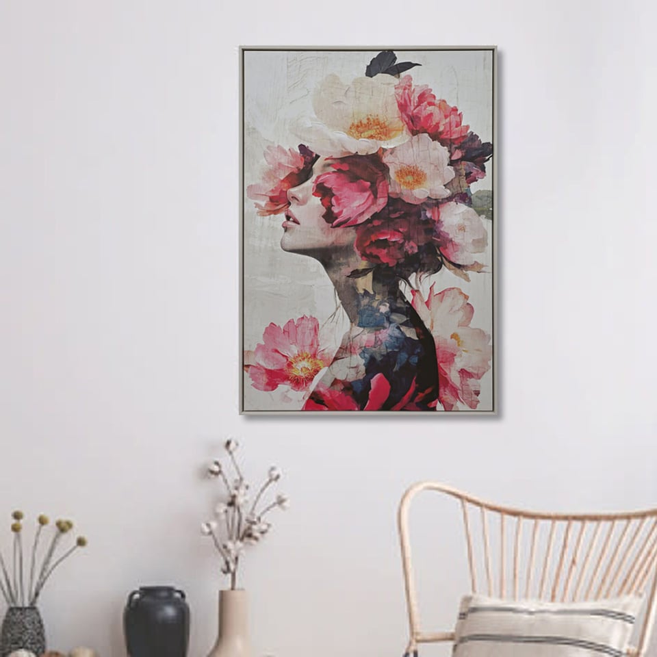 Schilderij Vrouw Met Bloemen Vintage Op Canvas 83x123cm Ingelijst