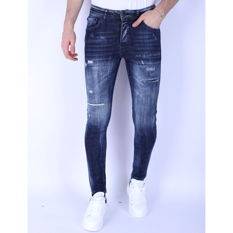 Donkerblauwe Slim Fit Heren Jeans Met Gaten - 1101 - Blauw