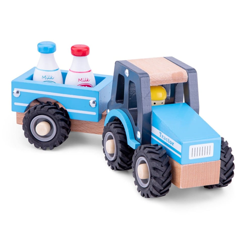 New Classic Toys Houten Tractor Met Aanhanger en Melkbussen +18 Mnd