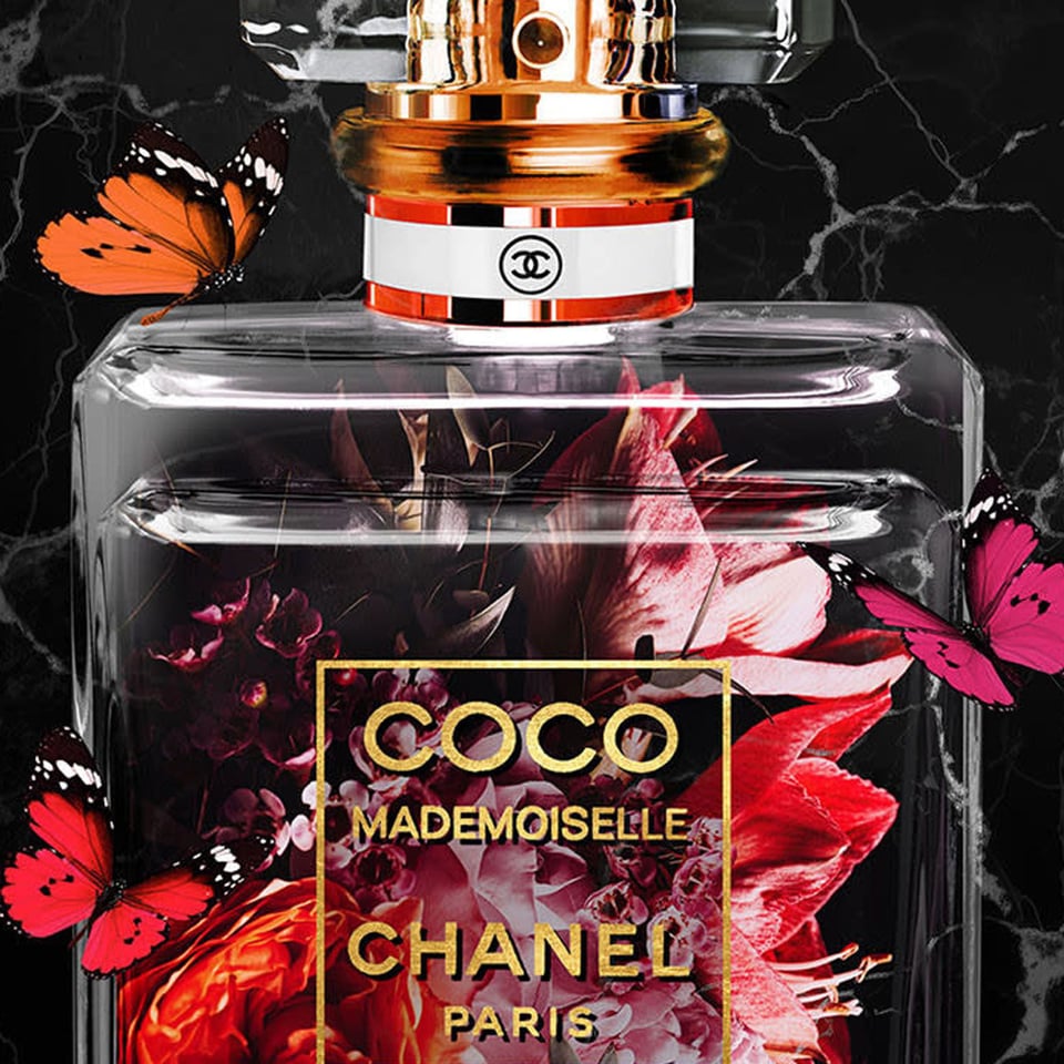 Glasschilderij Coco Chanel Vlinders 60x80cm Goudfolie