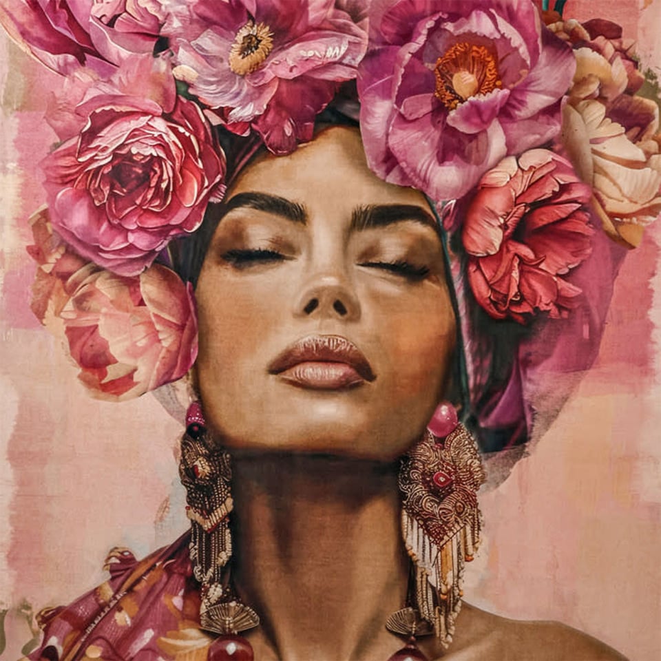 Schilderij Vrouw Met Fuchsia Bloemen Op Fluweel 83x123cm Ingelijst
