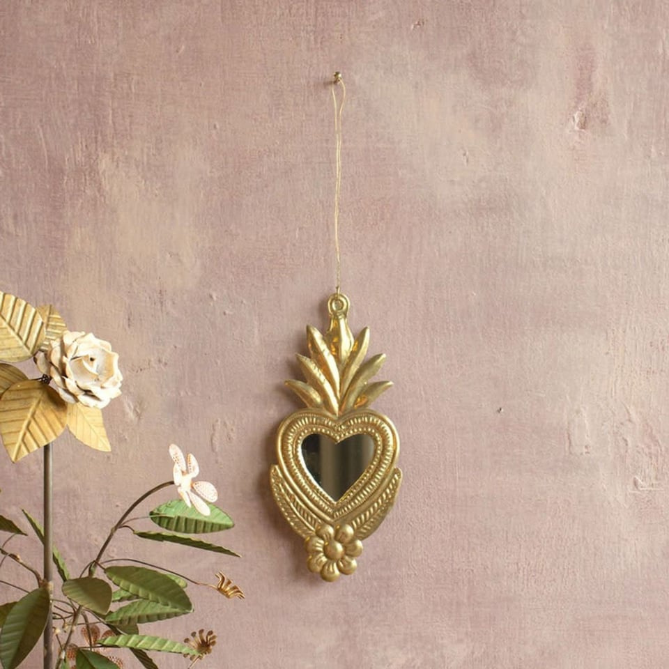 Spiegeltje Mini Hart Met Lotus Bloem Antiek Goud 9x18cm