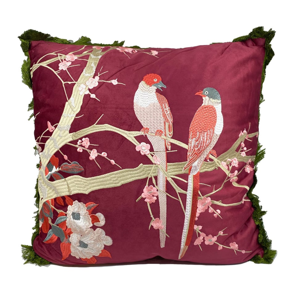 Sierkussen Vogels Bordeaux Fluweel Groene Franjes 50x50cm