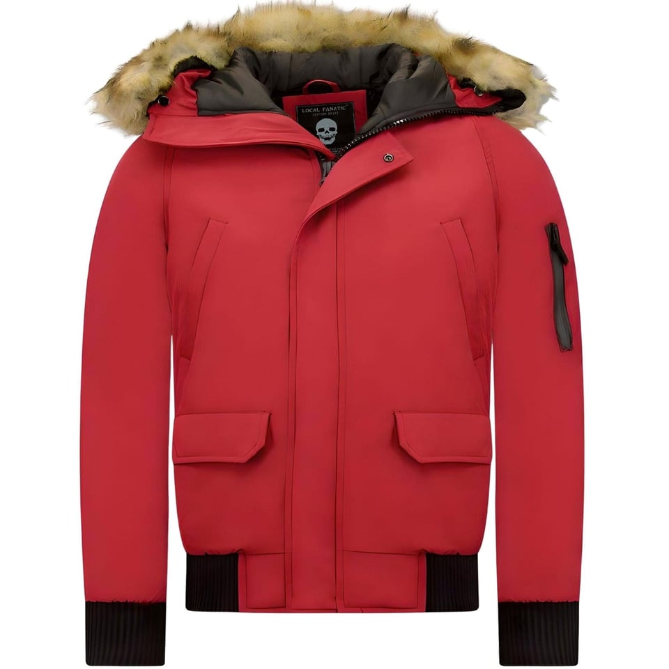 Korte Heren Winterjas Met Faux Bontkraag Rood