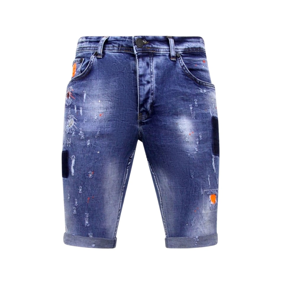 Korte Skinny Broek Met Verfspatten Heren -1008-SH- Blauw