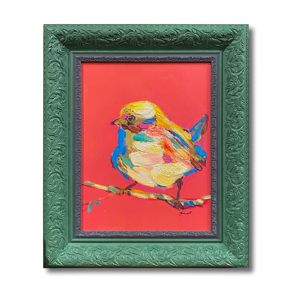 Schilderij Vogel Geel Op Fuchsia in Groene Lijst 51x61cm Handgeschilderd