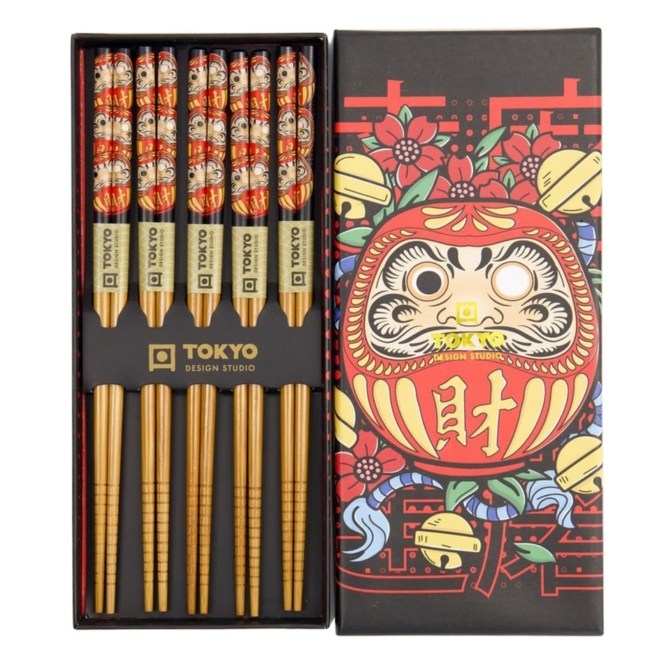 Eetstokjes Daruma Rood-Zwart Set 5 in Cadeau Doos