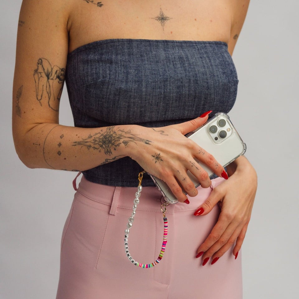 Telefoonkoord met Naam  Gepersonaliseerde Korte Parelketting (30 cm)