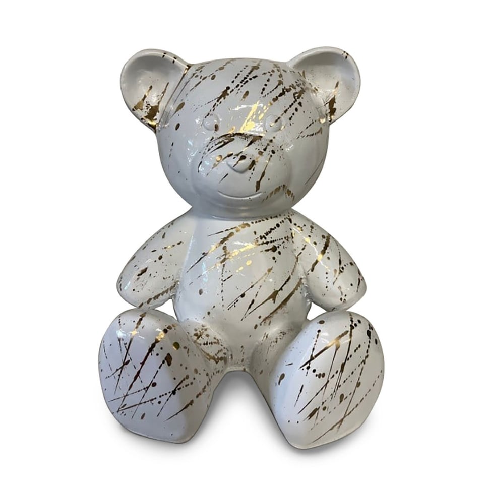 Beeld Design Teddy Beer Zittend Goud Splash Wit 32cm