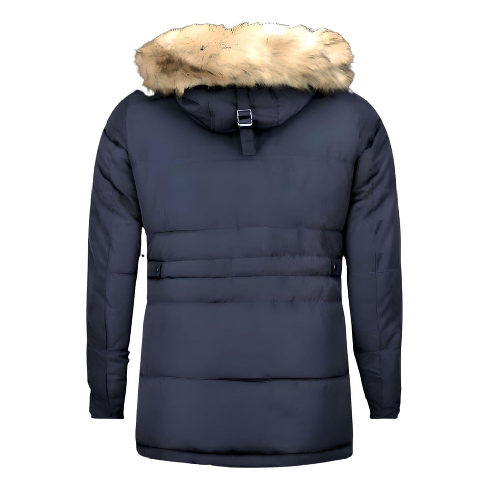 Lange Heren Winterjas Met Bontkraag Blauw