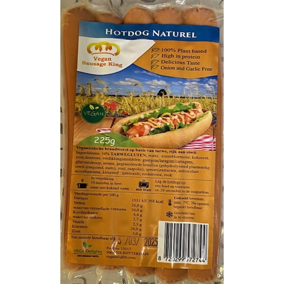 The Vegan Sausage King Vegan Hotdog Naturel 225g *DIEPVRIES PRODUKT*