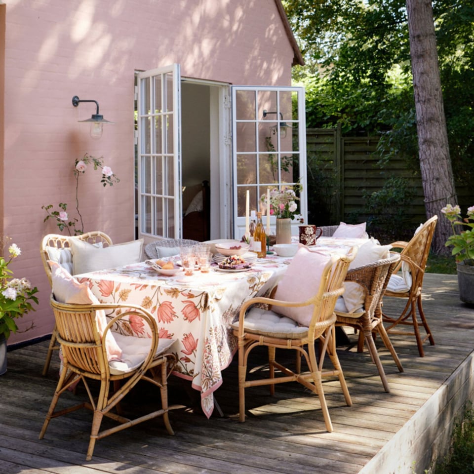 Bungalow Katoenen Blokprint Tafelkleed Flora Rose, Gebroken Wit Met Rozetinten, Olijf en Goudbruin 170 X 300 Cm