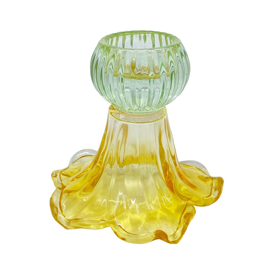 Kandelaar-Waxinehouder Bloem Geel-Groen Glas 13x12cm