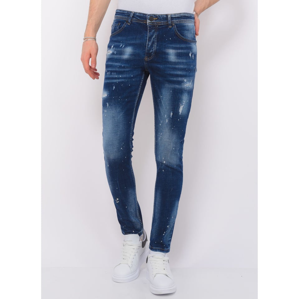 Men's Paint Splatter Stonewashed Jeans - Slim Fit -1077- Blauw