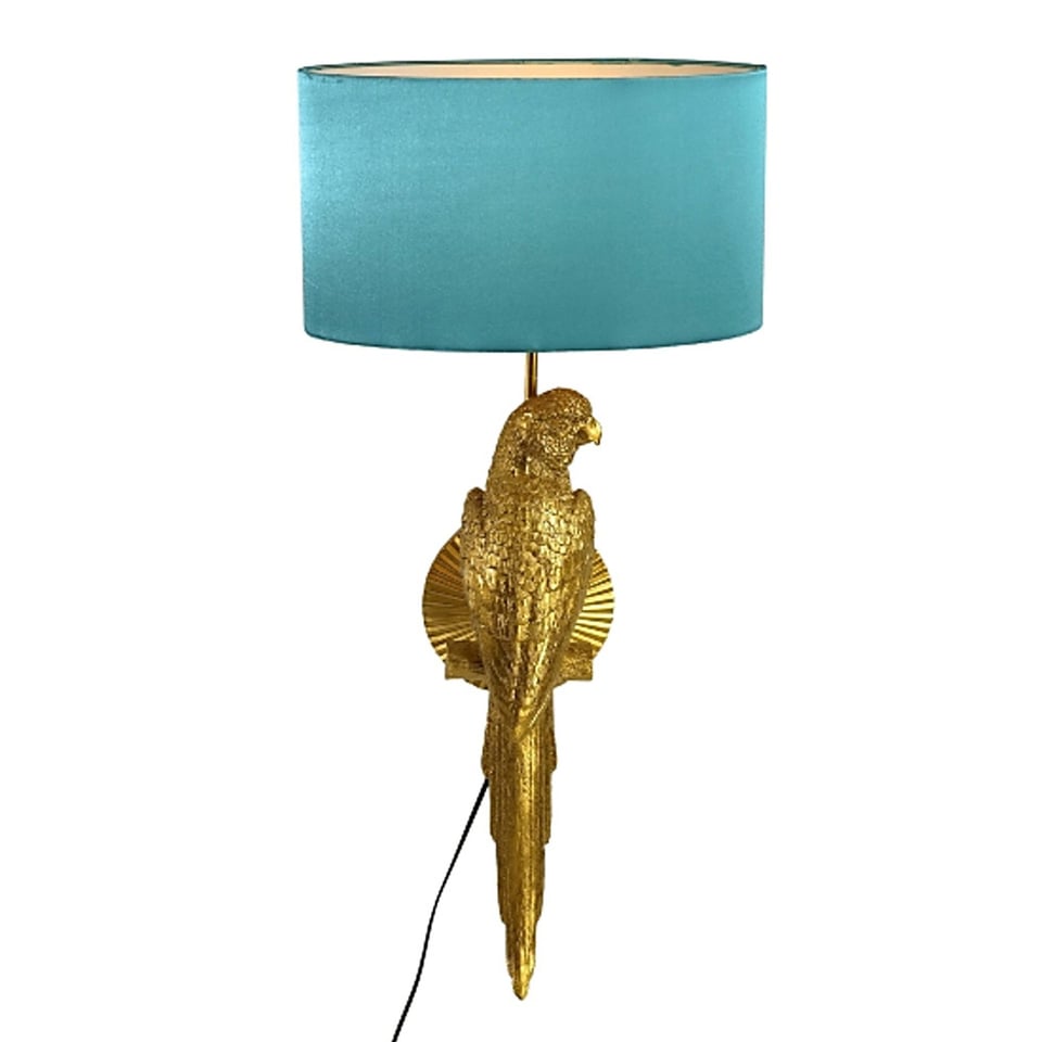 Wand Lamp Percy Rechts Papegaai Goud + Turquoise Kap 33x70cm Set