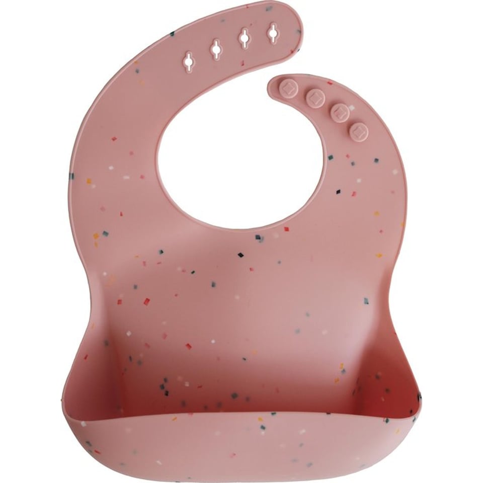 Mushie Siliconen Baby Slabbetje Met Opvangbakje Roze Confetti BPA Ftalaatvrij Afwasbaar