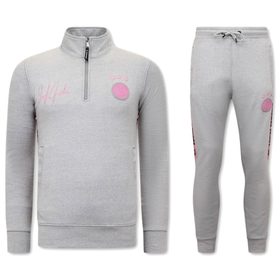 Heren Joggingspak - Half Zipper, Double Ribbon - Grijs / Roze