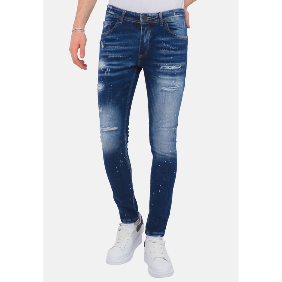 Stretch Denim with Paint Splash Heren - Slim Fit -1074- Blauw