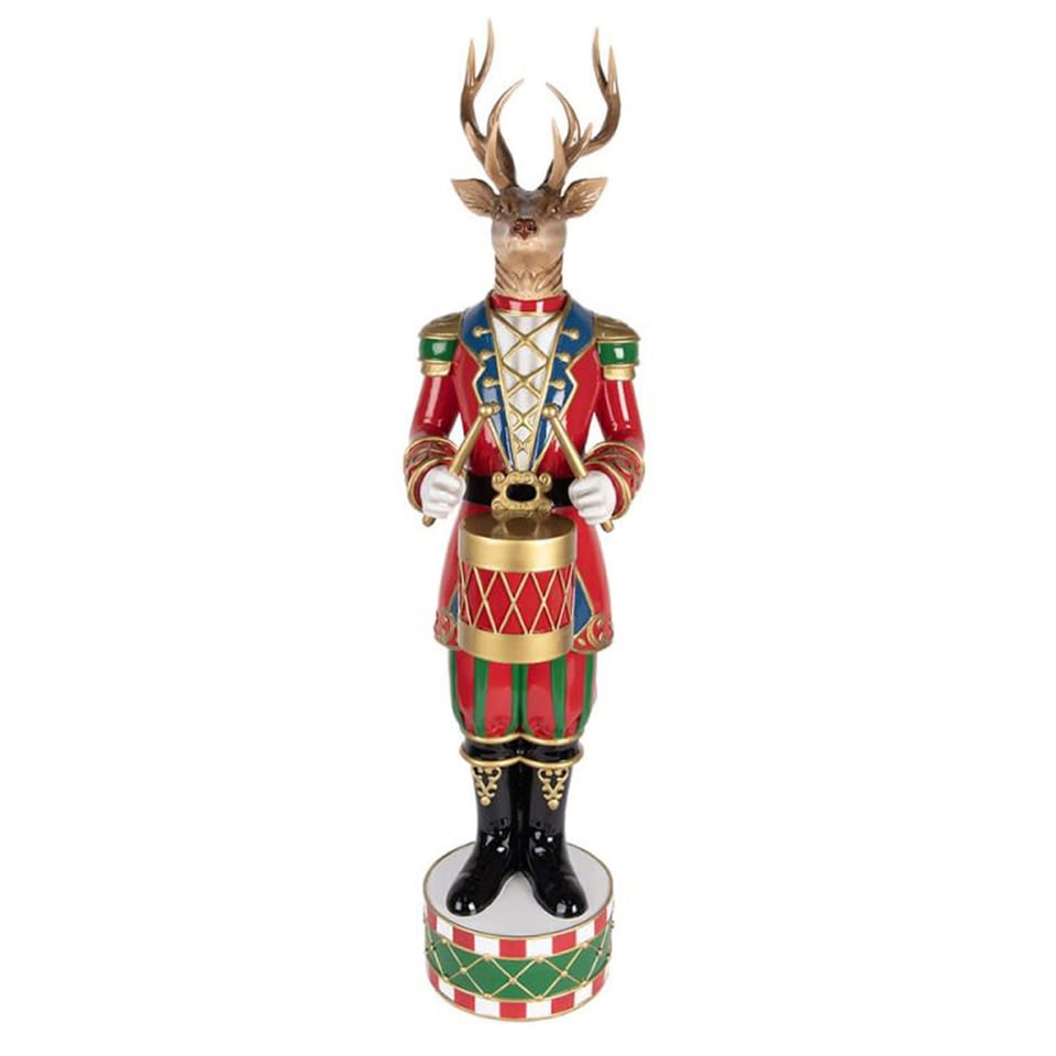 Standbeeld Kerst Hert Met Trommel Multicolor Goud 25x82cm