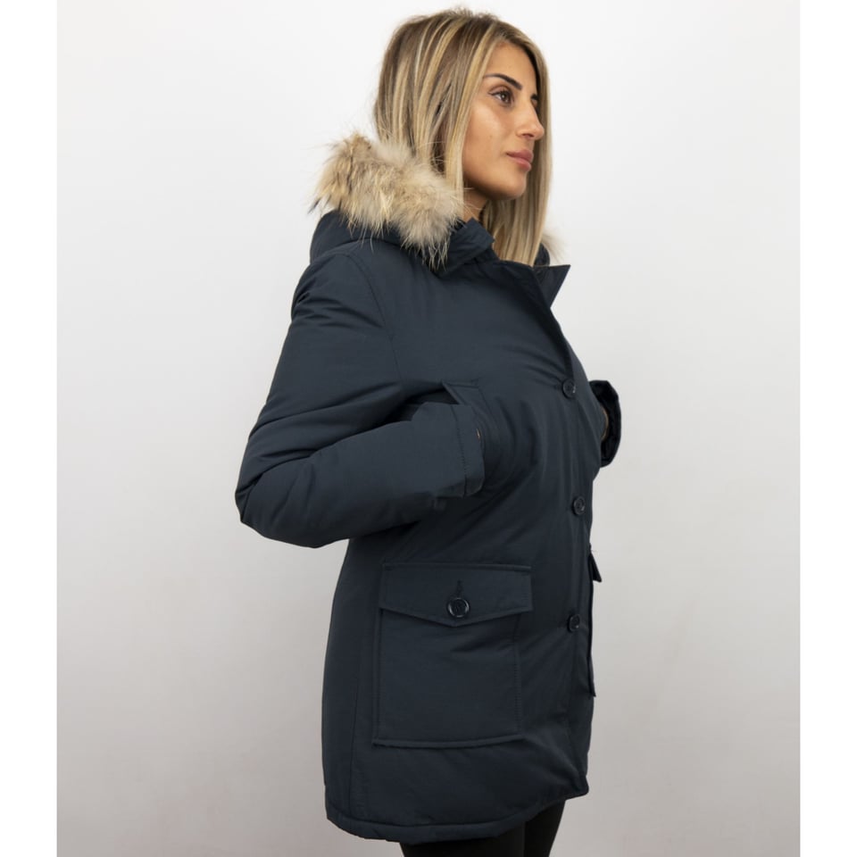 Bontjassen - Dames Winterjas Wooly Lang - Bontkraag - Parka Steekzakken - Blauw