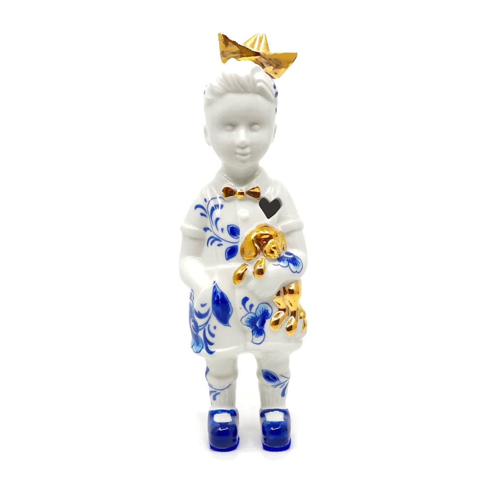 Kleine Jongen Delfts Blauw Gouden Bootje 14cm - Gewicht : 14cm