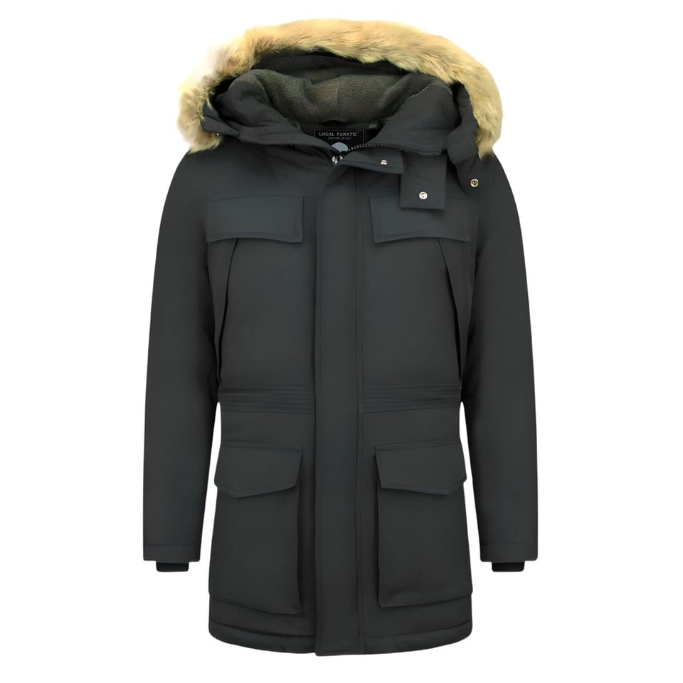 Lange Heren Parka Jas Met Bontkraag - Zwart