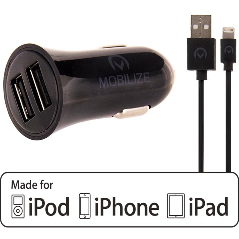 Car Charger Dual USB 2.4A 12W + 1m Apple Lightning Cable Black