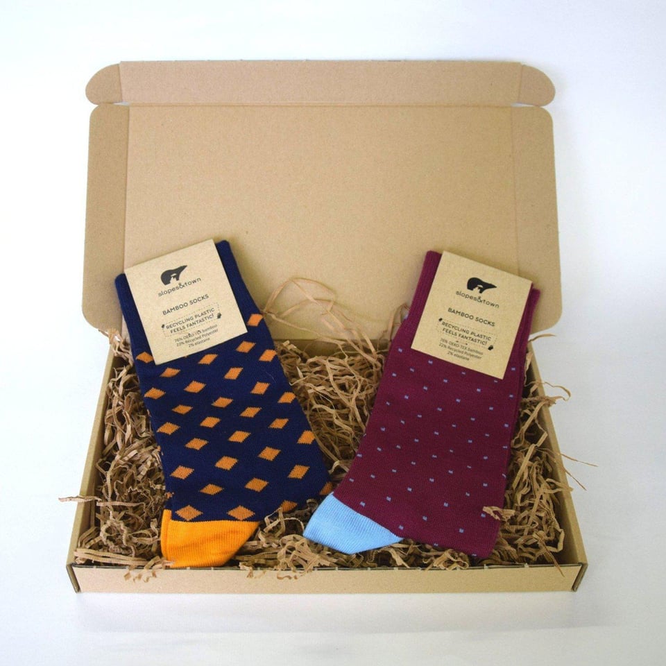 Duurzame bamboe sokken cadeau box - Dotty burgundy / Dotty camel