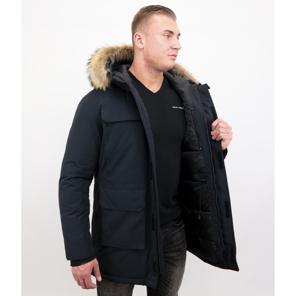 Parka Heren Winterjas Met Grote Echte Bontkraag Blauw