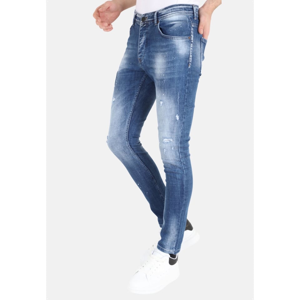 Slim Fit Spijkerbroek Heren Met Verfspatten -MM108 - Blauw