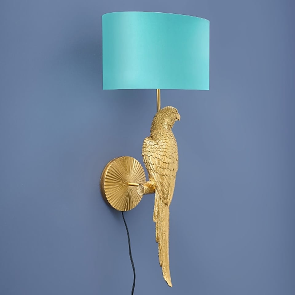 Wand Lamp Percy Rechts Papegaai Goud + Turquoise Kap 33x70cm Set