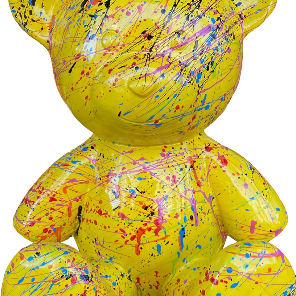 Beeld Design Beer Zittend Geel Multicolor Splash 30x32cm