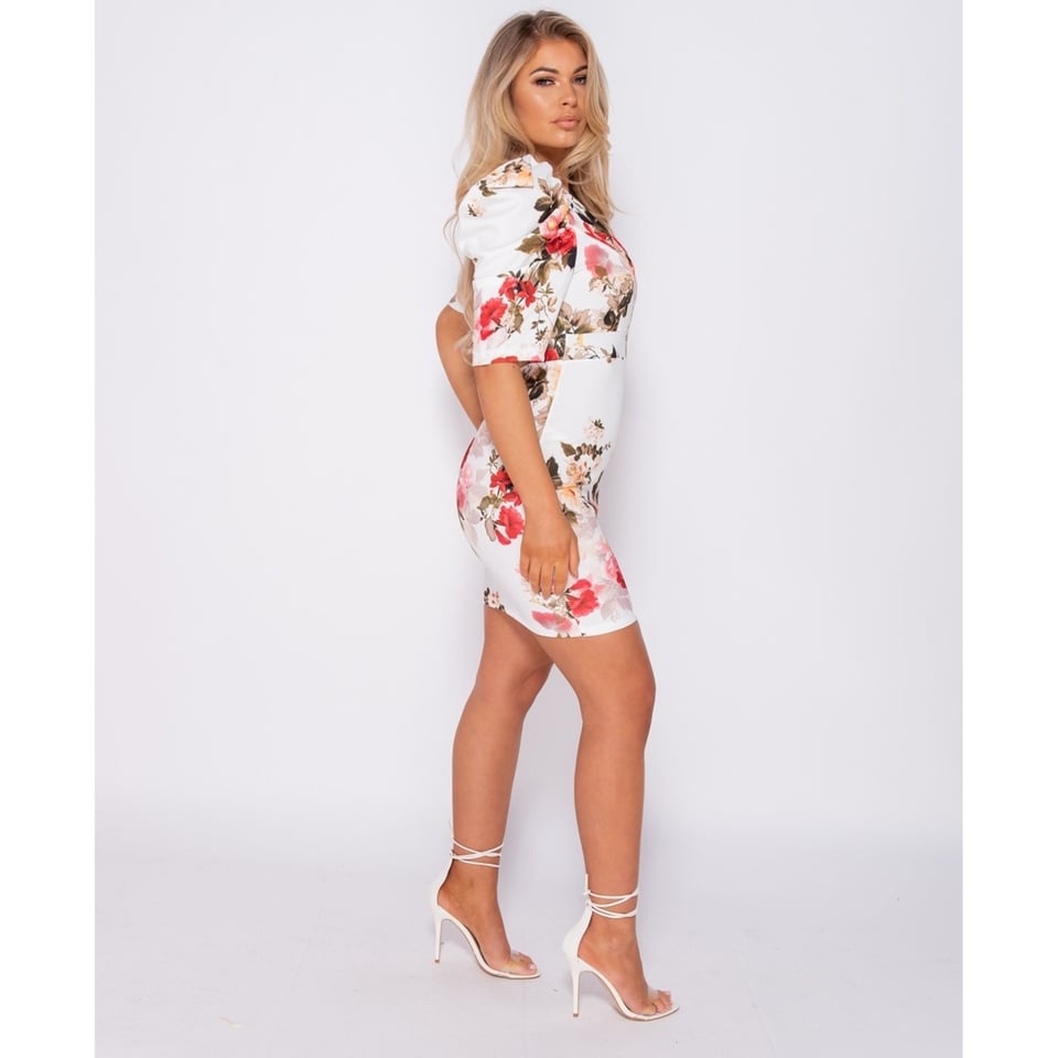 Floral Print Puffed Bodycon Mini Dress - Dames - Wit - Maat: One Size