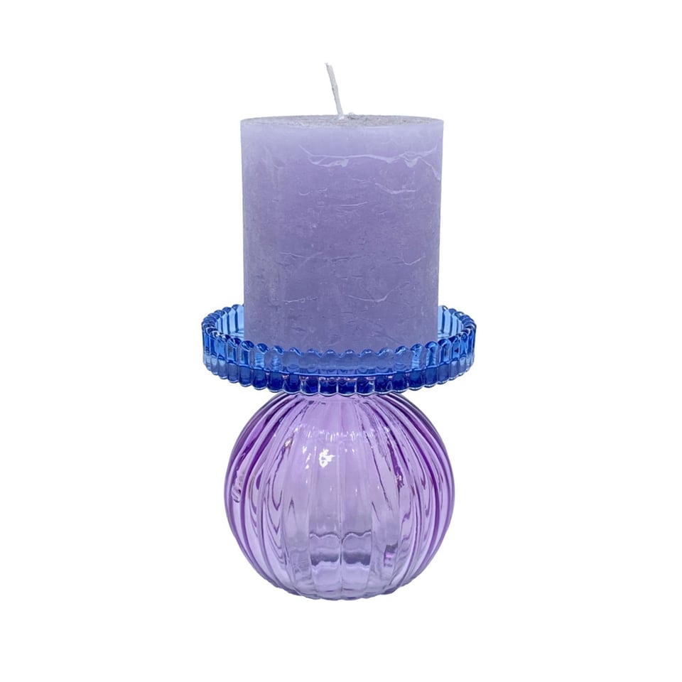 Kandelaar Bol Blauw-Lila Glas 10x9cm Voor Blokkaars