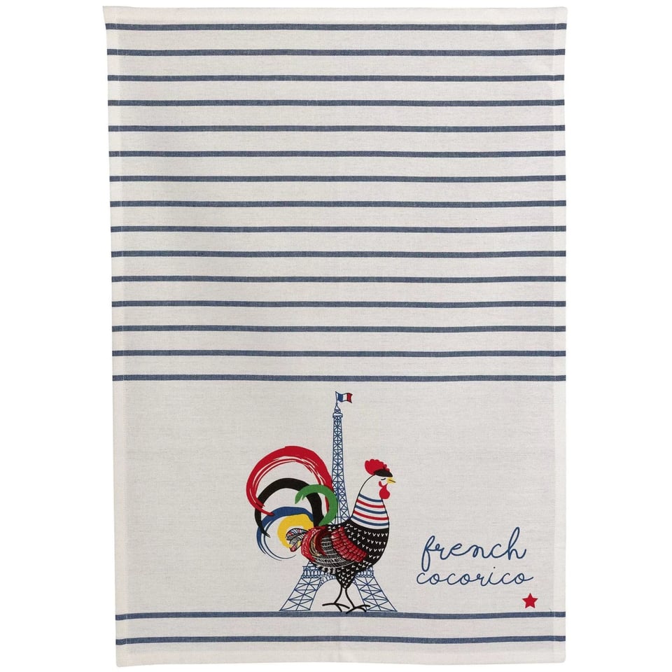 Gerecyclede theedoek Frans Cocorico Ecru/blauw 50 x 70