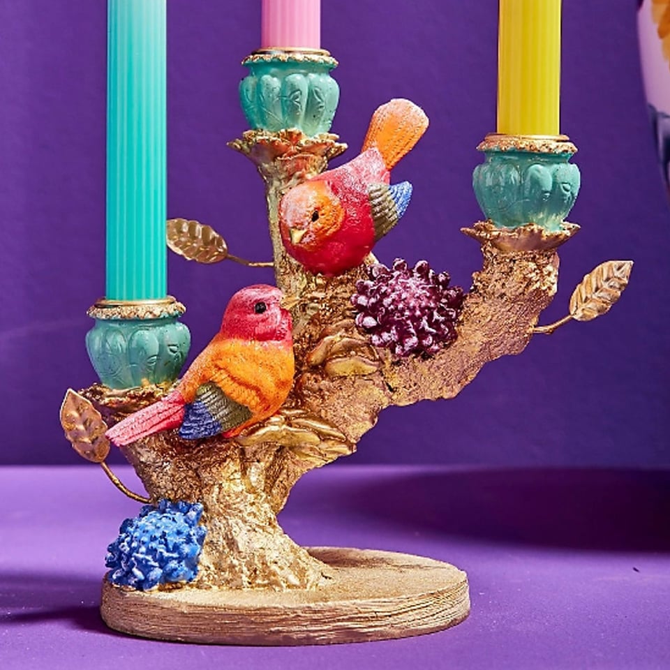 Kandelaar Twee Vogeltjes Multicolor Goud 22x20cm 3-Houders