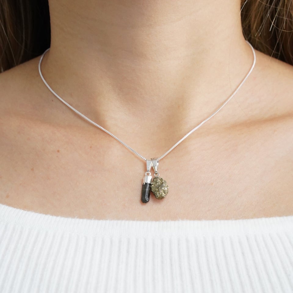Necklace - Pyrite and Green Tourmaline (Silver Plated)