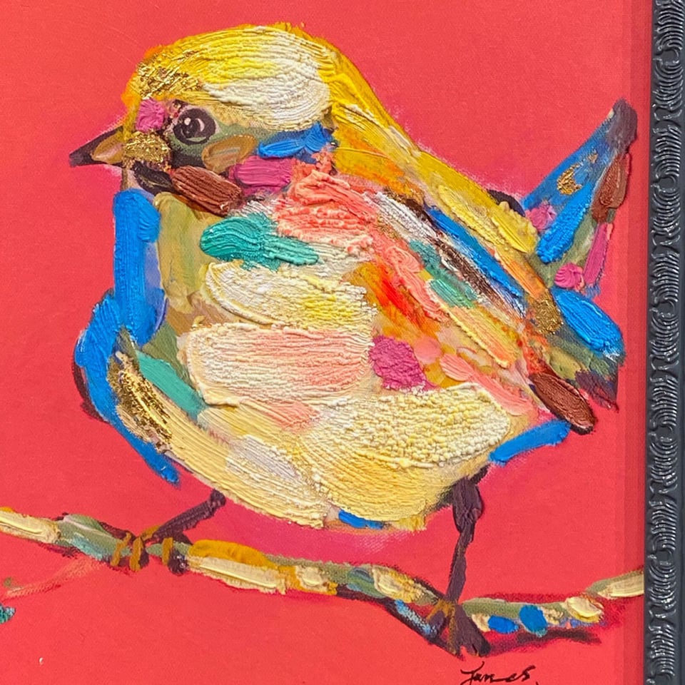 Schilderij Vogel Geel Op Fuchsia in Groene Lijst 51x61cm Handgeschilderd
