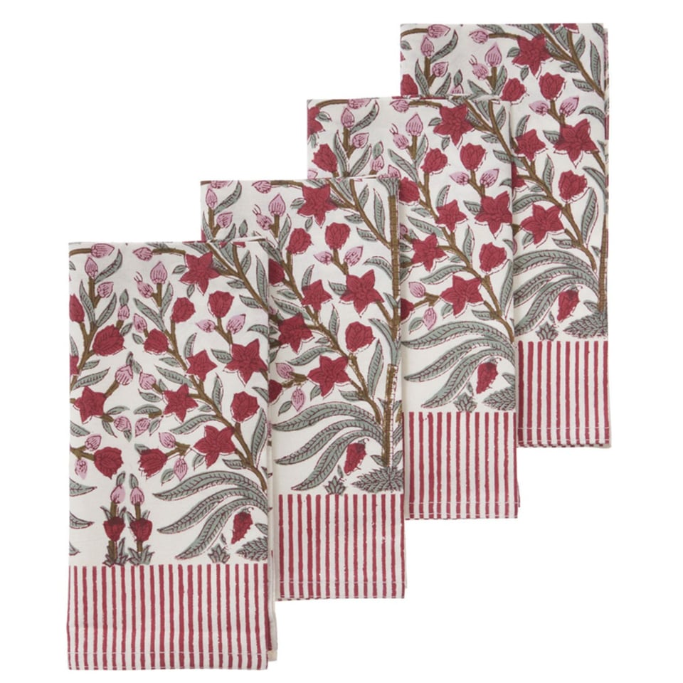 Bungalow Rood Gebloemd en Gestreepte Blokprint Servetten Jasmine Scarlet, 4 Stuks 45 X 45 Cm