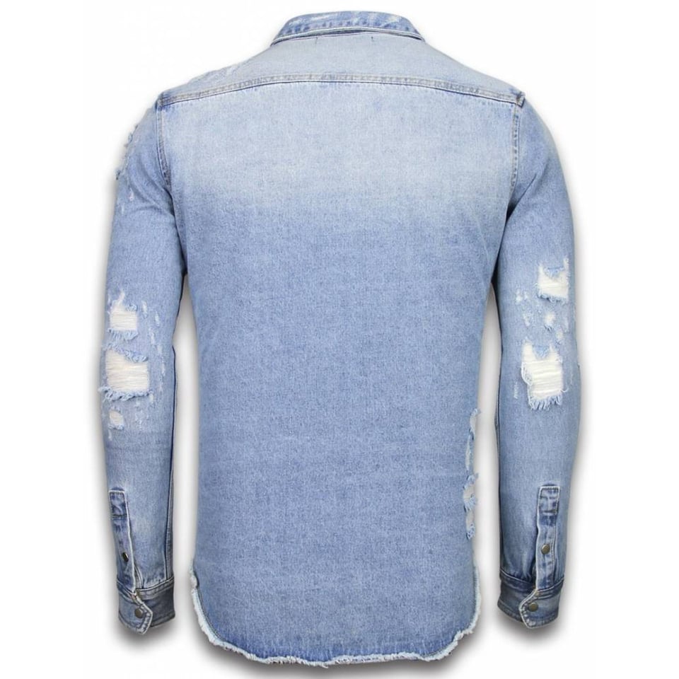 Spijkerjasje - Denim Shirt - Spijkerblouse Slim Fit - Damaged Sleeves - Blauw