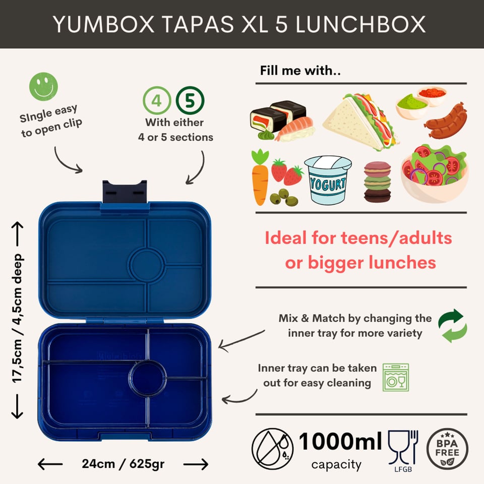 Yumbox Tapas XL 5 Vakken Monte Carlo Blue / Navy Clear - Blauw