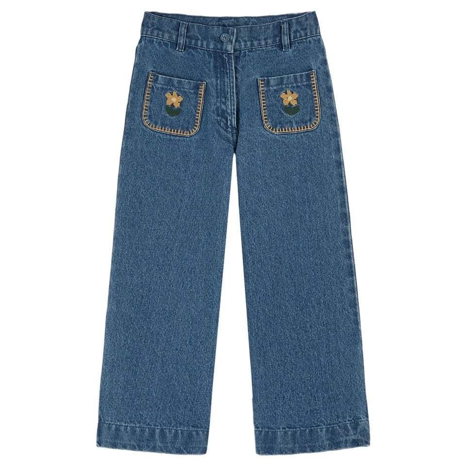 Emile Et Ida Pantalon Poches Fleurs Brodees Denim