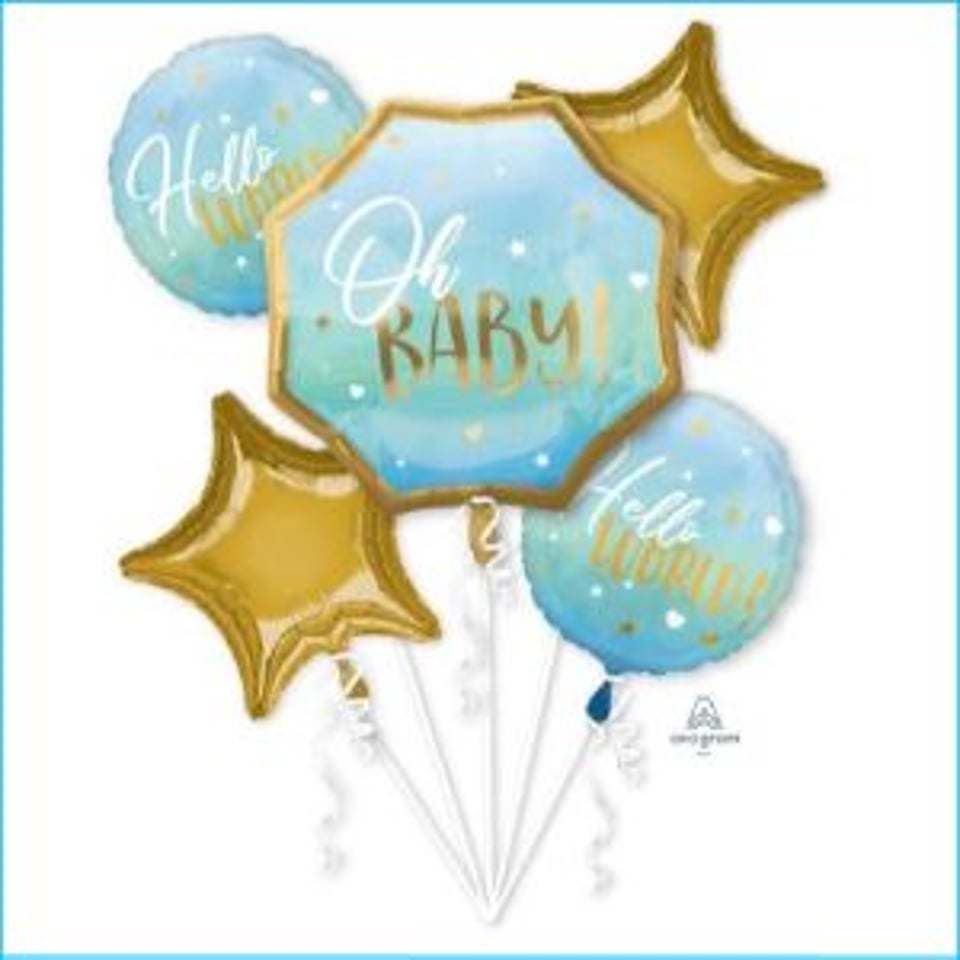 Bouquet Folie Ballonnen 5st. Blue Baby Boy  gevuld met helium