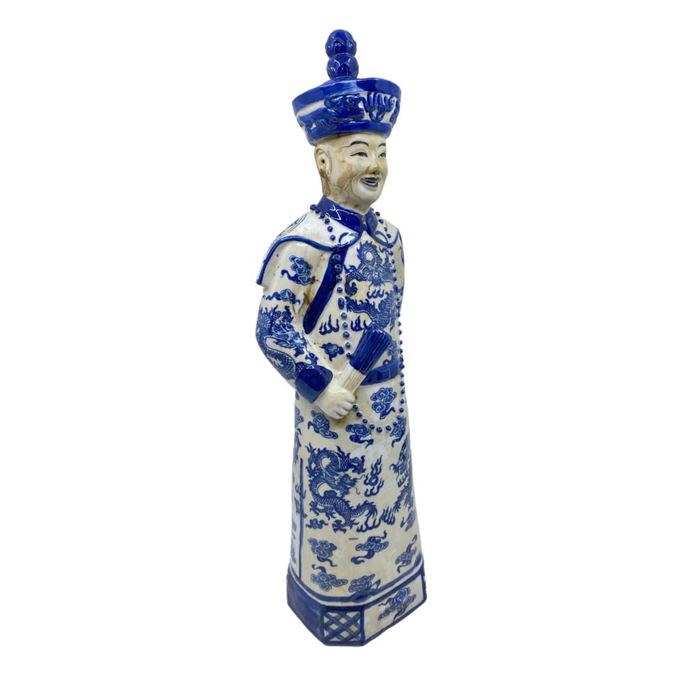 Beeld Chinese Keizer Zoon Staand Blauw Wit 12x45cm - Kleur: Porselein - Maat: H45cm