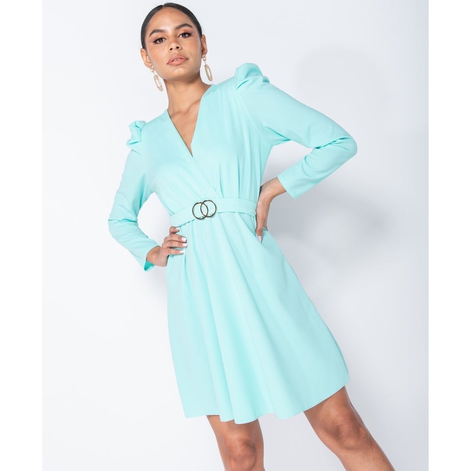 Puffed Sleeve Wrap Front Buckle Detail Mini Dress - Dames - Blauw - Maat: One Size