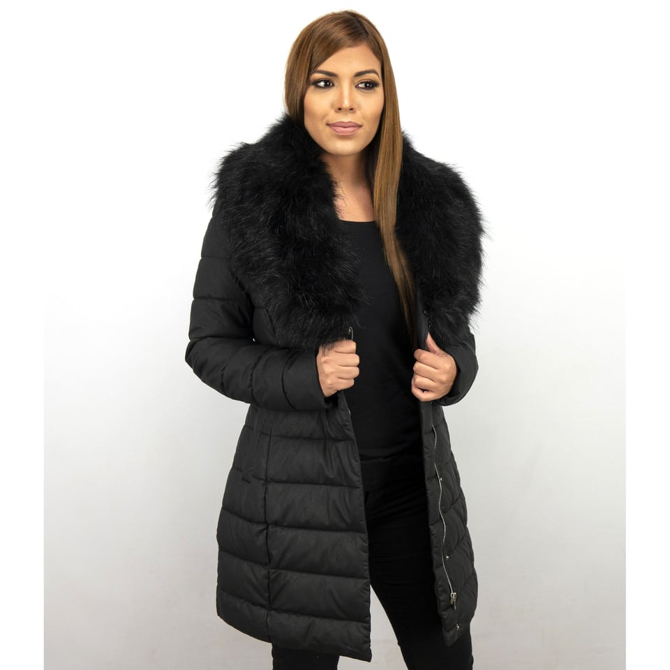 Lange Parka Dames Winterjas Met Zwarte Faux Bontkraag Zwart