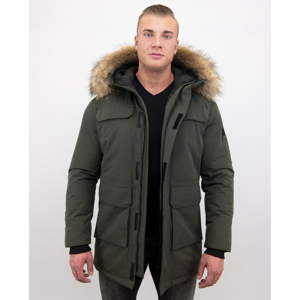 Winterjas Heren Parka Met Grote Echte Bontkraag Groen